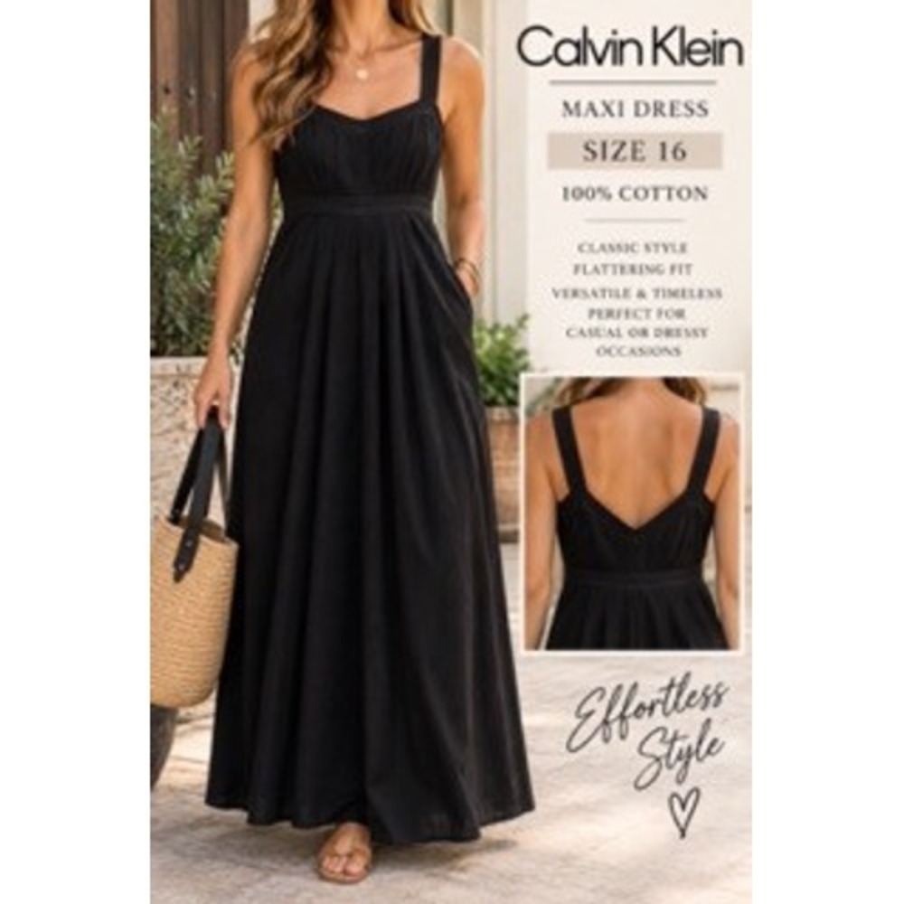 Calvin Klein Womens Black Cotton Pleated Maxi Dress SEE MEASUREMENTS FOR SIZING